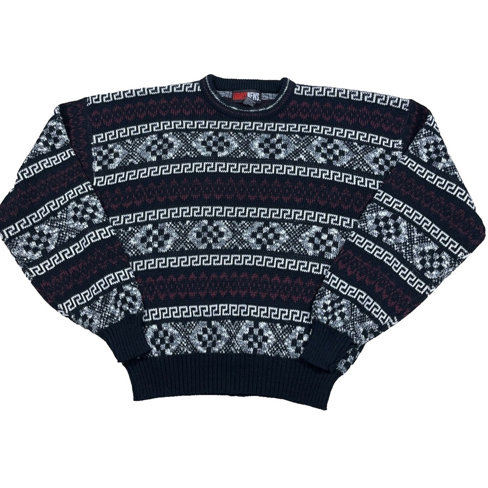 Vintage Grandpa Sweater Men Medium Black Red‎ Geometric Knit Golf 90s Y2K Cosby